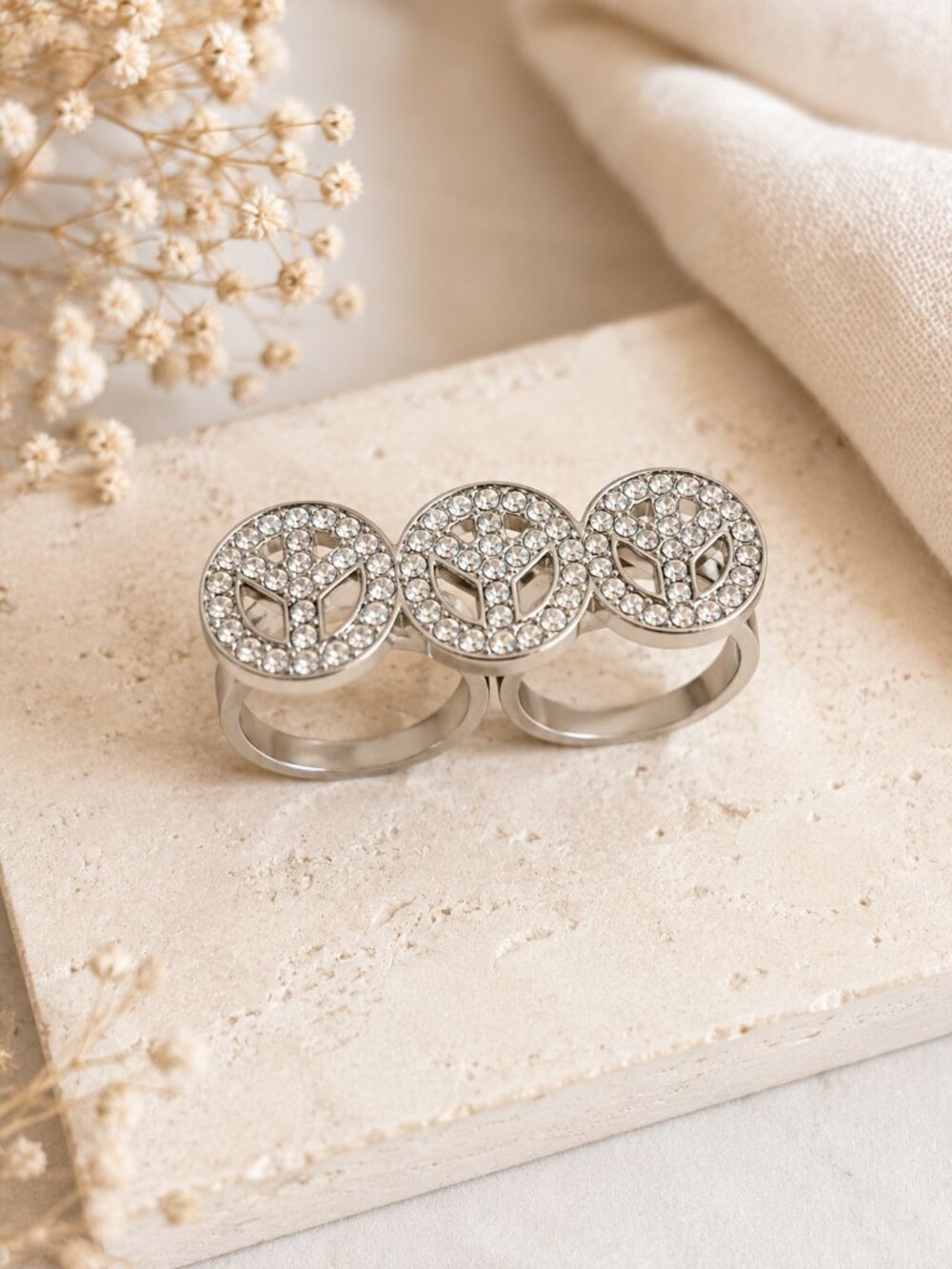 NWT Silver Rhinestone Triple Peace Sign Double Finger Statement Ring Bling Y2K